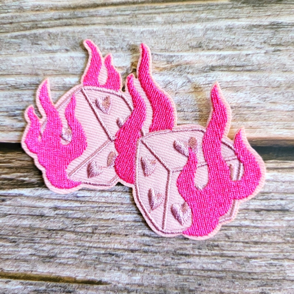 3/13$ Flaming Pink Dice, Lady Gambler Embroidered Iron on Patch